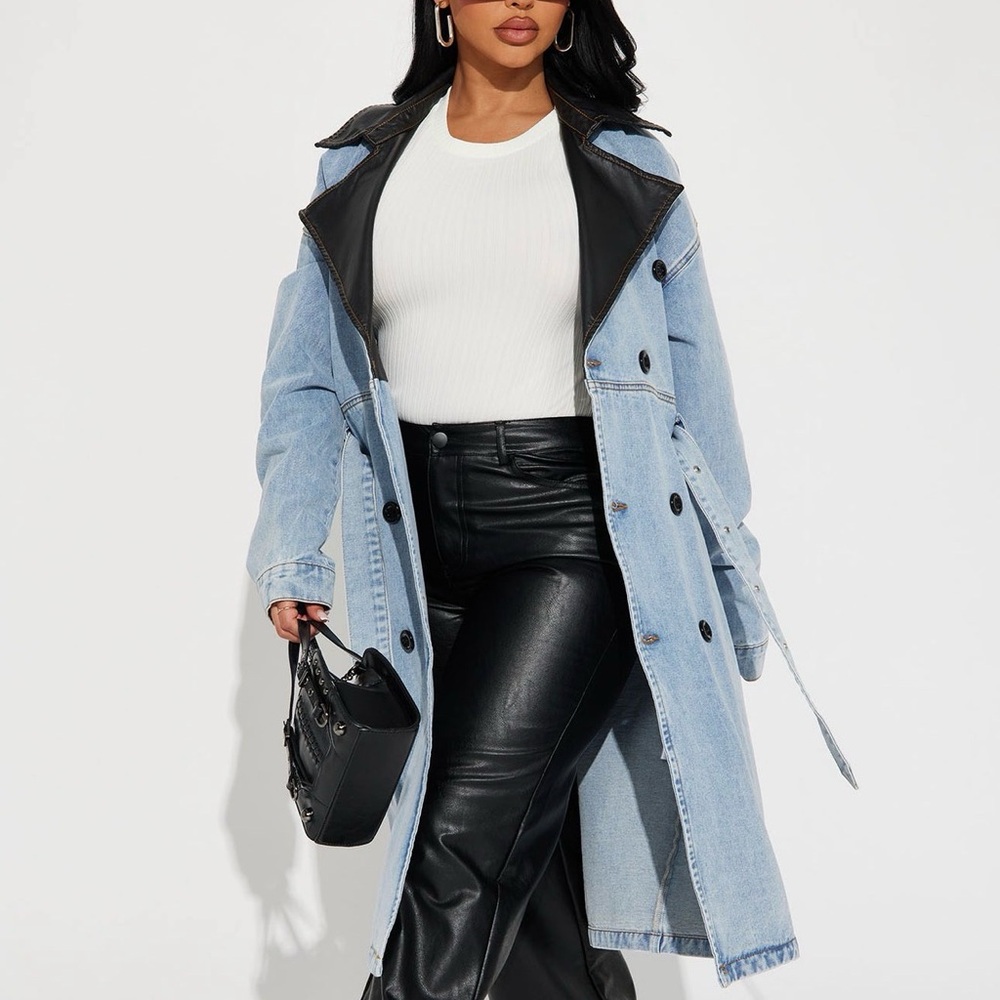 Fashion Nova Light Blue and Black Trench Coat